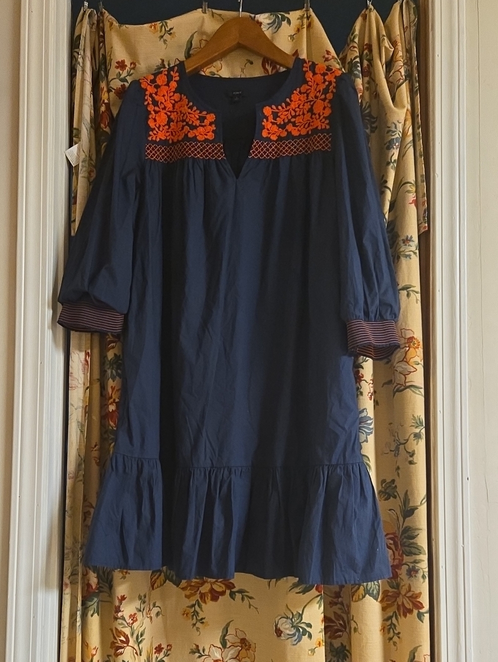 J. Crew Navy 3/4 Sleeve Dress with Orange Floral Yoke